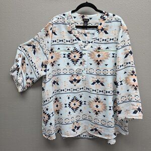 Justify Shirt Womens 3X Blue Geometric Henley Roll Tab Zip Pocket Tunic Top